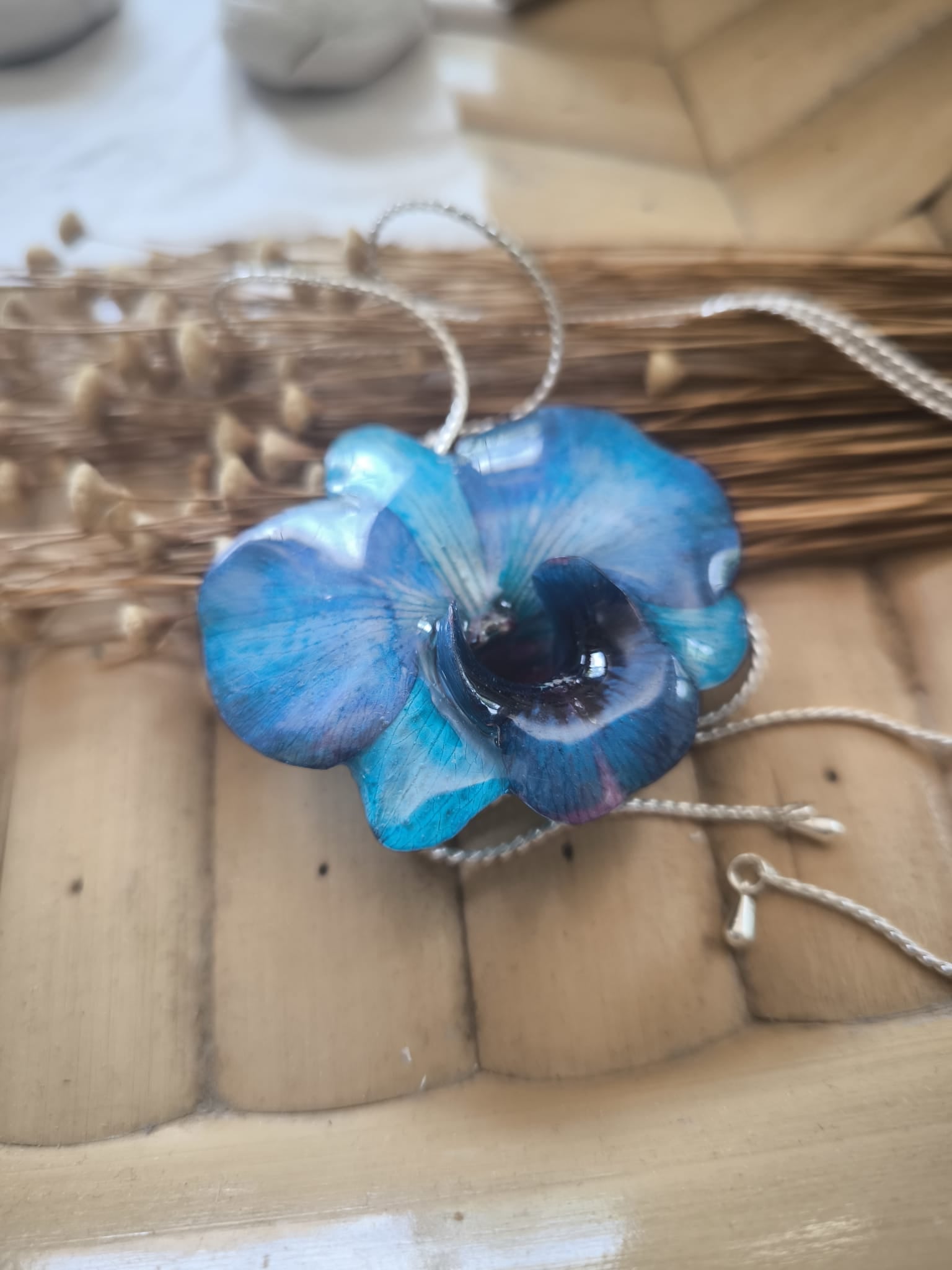 Blue Orchid Resin Necklace with Adjustable Galvanized Gold Slider – Elegant Jewel