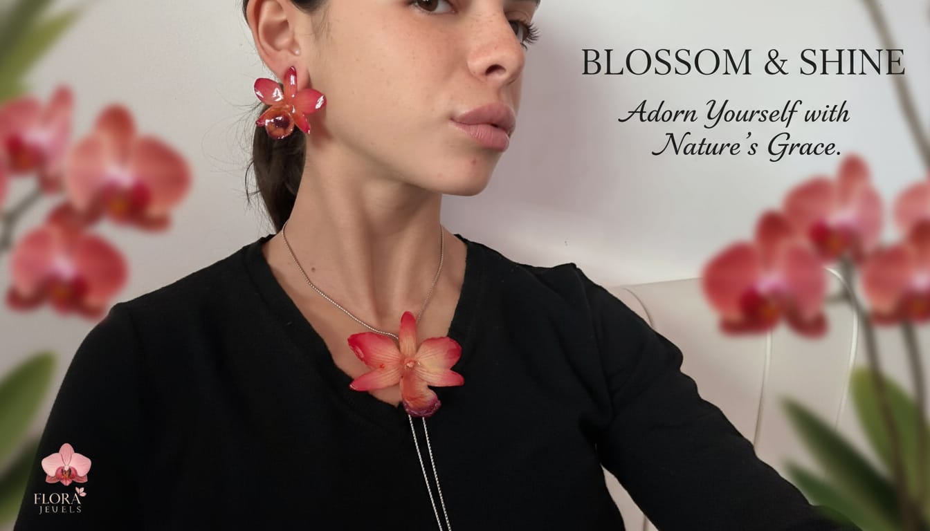 Set collana e orecchini con orchidee rosa corallo in resina, gioielli floreali artigianali luminosi